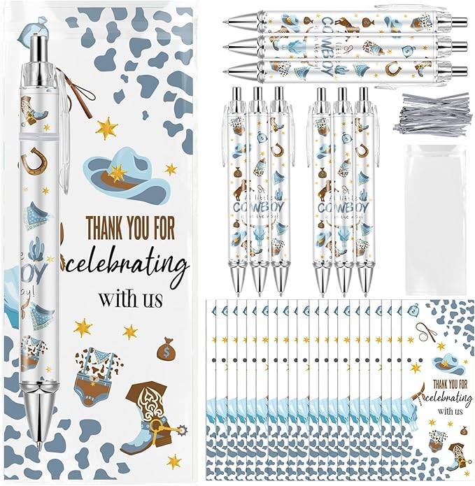 50 Sets Pen Baby Shower Favors Gifts for Guests Includes 50 Rolling Paper Ballpoint Pens and 50 Greeting Thank You Bookmarks Baby Shower Party Favors (Cowboy)