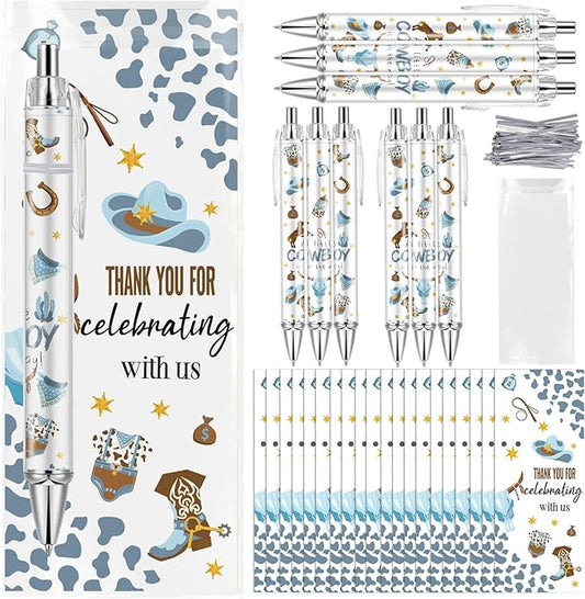 50 Sets Pen Baby Shower Favors Gifts for Guests Includes 50 Rolling Paper Ballpoint Pens and 50 Greeting Thank You Bookmarks Baby Shower Party Favors (Cowboy)