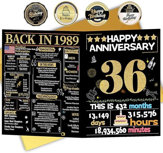 Joycard 36th Anniversary Card for Women Men, Gold Wedding Card for Wife Husband, Sweet Marriage Decorations Gifts for Couple, Perfect for Her Him on Anniversary Day, Back in 1989