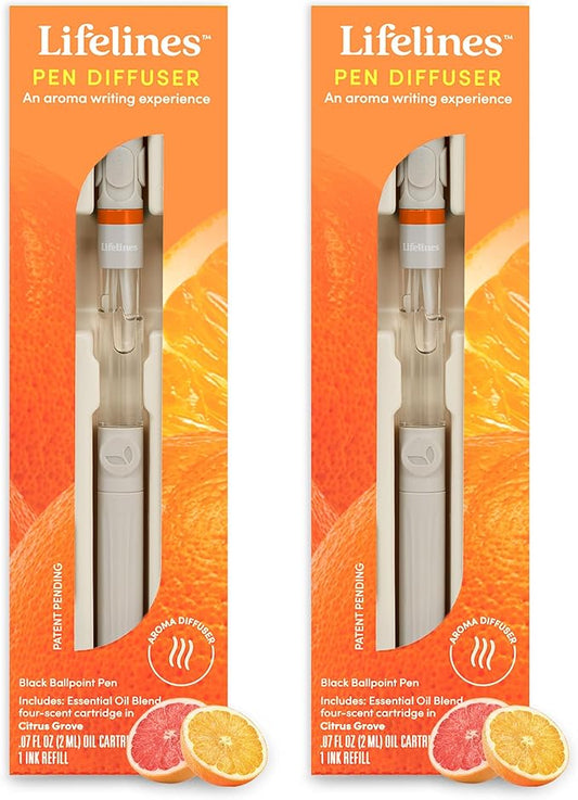 Lifelines Pen Diffuser Set, 2-Pack (Citrus Grove) - 1mm Black Ballpoint Pens with Scented Essential Oil Blends – Aromatherapy Diffuser & Sensory Immersion Diffuse Aroma