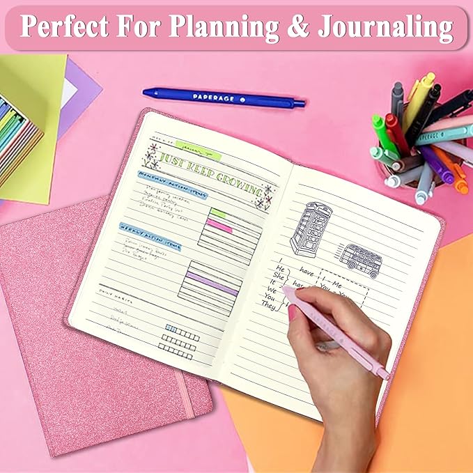 Pink Glitter Notebook, 8.3x5.7” 160 Lined Pages Glitter Never Peel Off Sparkle Journal for Girls College Ruled A5 Hardcover Notebooks for Teens Women Writing Note Taking Office Work School Gifts