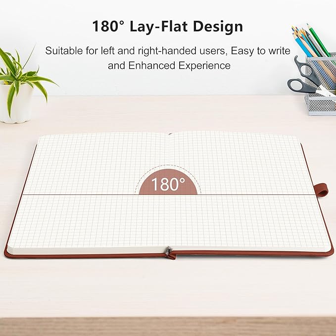 RETTACY Graph Paper Notebook, A5 Grid Notebook Journal with 192 Pages, 5.7'' × 8.3'', Medium Size, Leather Hardcover, 100 GSM Thick Paper, for Students, Homework, Math, Engineering (Brown)