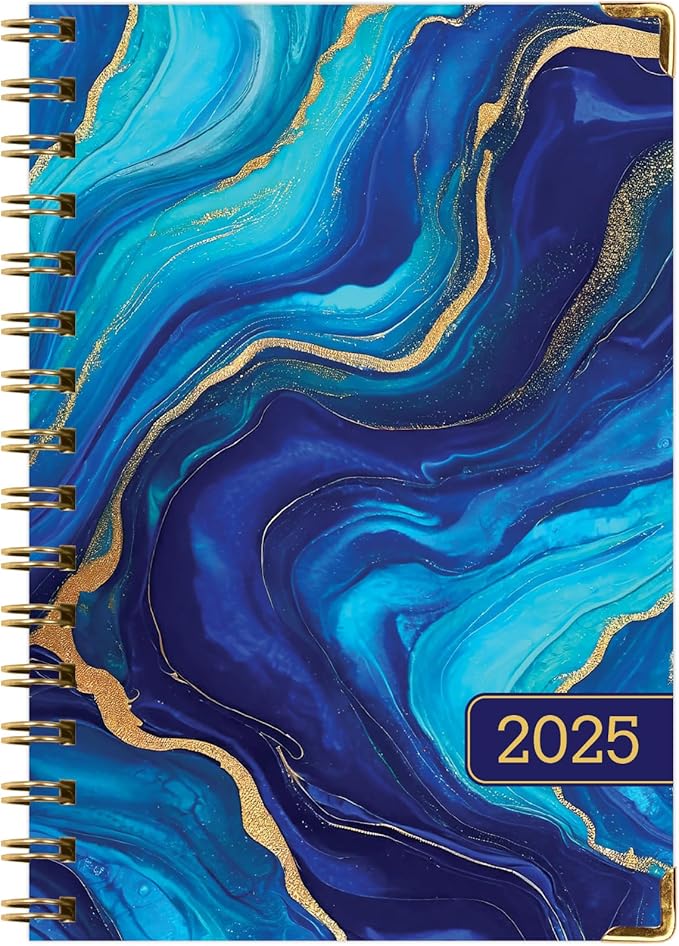 HARDCOVER 2025 Planner, 5.5"x8": 14 Months (November 2024 - December 2025), Daily Weekly Monthly Planner, Yearly Agenda, Bookmark, Pocket Folder and Sticky Note Set (Dark Blue Marble)