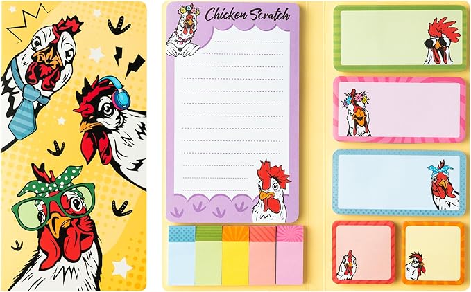 B1ykin Sticky Notes Set - Cartoon Theme Cute Self-Stick Notes Pad Teacher Appreciation Gifts， Self-Adhesive Writing Memo Pages Sticky to Do Notepad for Kids Employee School Office (Funny Chicken)