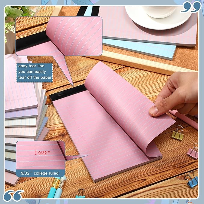 Lincia 12 Pcs 5" x 8" Colored Note Pads Mini Legal Pads Ruled 50 Sheets Per Micro Writing Pads Perforated and Lined for College Office Supplies (Dreamy Colors)