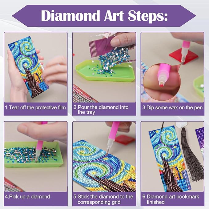 Anseal 3 Pcs 5D Diamond Bookmarks Painting for Adults, Starry Night PU Leather Diamond Art Kits for Adults, Tassel Beaded Book Mark for Graduation Birthday Reading Present