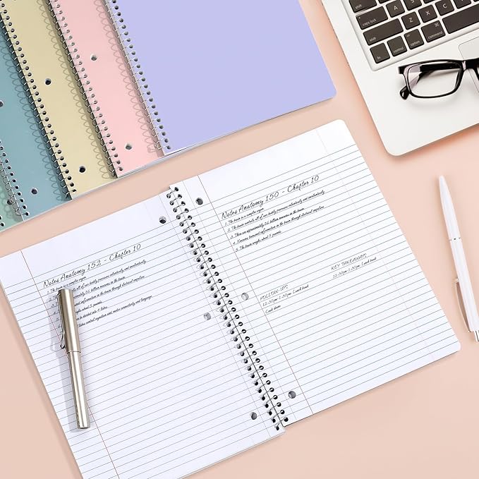 SUNEE Spiral Notebooks, 1-Subject, 10 Pack, College Ruled Paper, 8" x 10-1/2", 70 Sheets per Notebook,3-Hole Punched Paper, Pink,Purple, Blue, Green, Yellow Spiral Lined Notebooks for School,Work