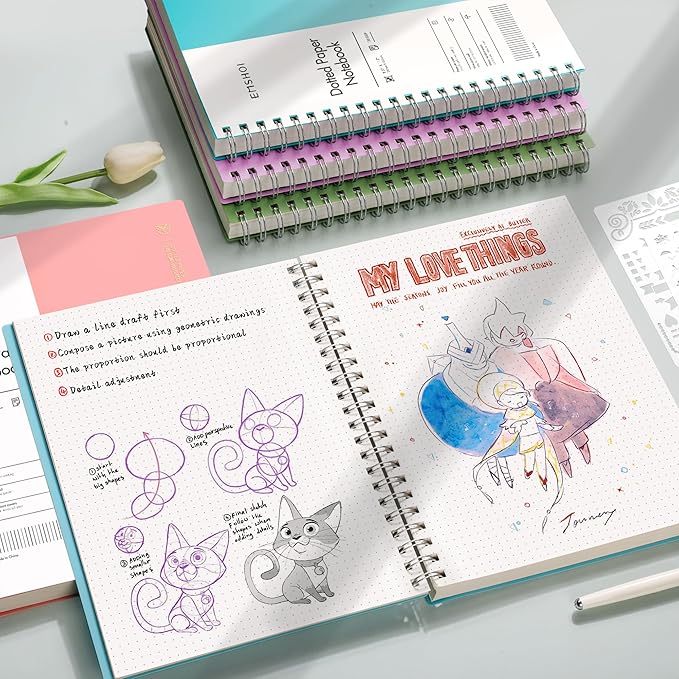 EMSHOI A4 Spiral Notebook Bullet Dotted Journal, 11.2" X 8.27", 300 Pages/150 Sheets, 100gsm Dot Grid Paper, Waterproof Softcover, Twin-Wire Binding, for School Work Writing Note Taking-Purple