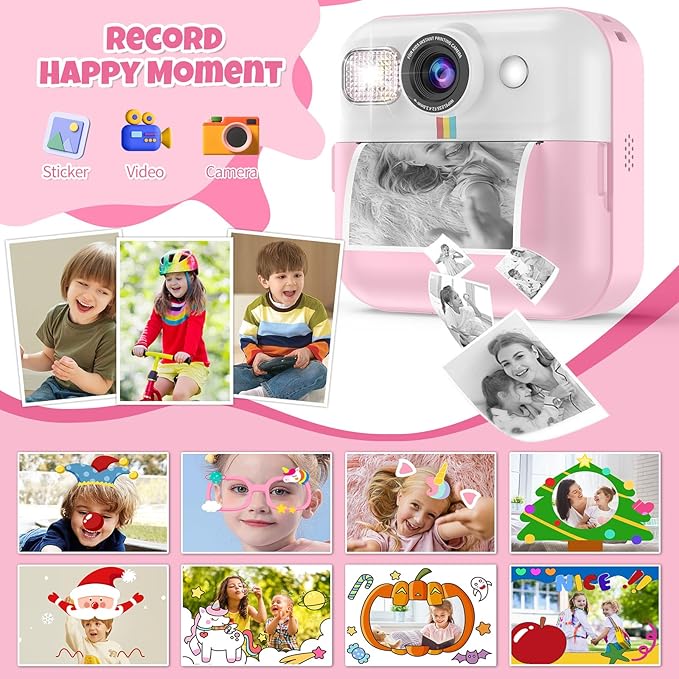 Kids Instant Print Camera, 1080P for Girls & Boys Age 3-10, Pink with 3 Roller Photo Paper
