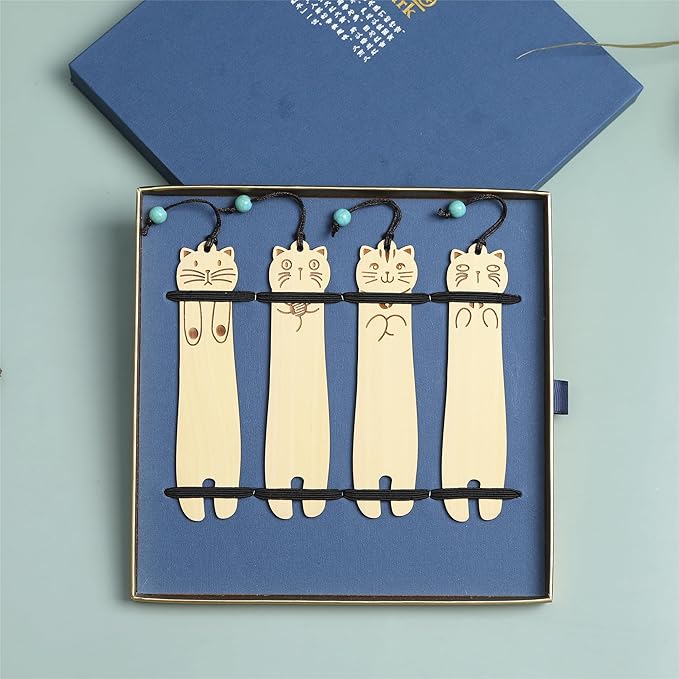 Wood Cat Bookmarks - Set of 4 Cute Bookmarks Aesthetic, Wooden Bookmarks Anime Cat Bookmark for Women Girl Kids, Kawaii Bookmark for Book Lover Cat Lover Friends Best Gifts (Boxwood)