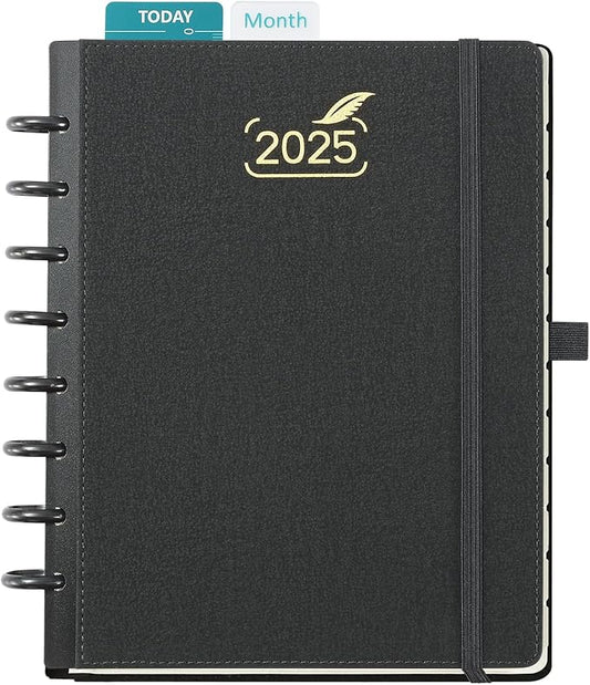 BEZEND Life Planner 2025 Weekly & Monthly Family Organizer with 6 Columns 7" x 9" - Agenda 2025 Family Calendar with Tabs, Pocket & Tear-off Shopping List, Disc Bound Flexible Cover - Black
