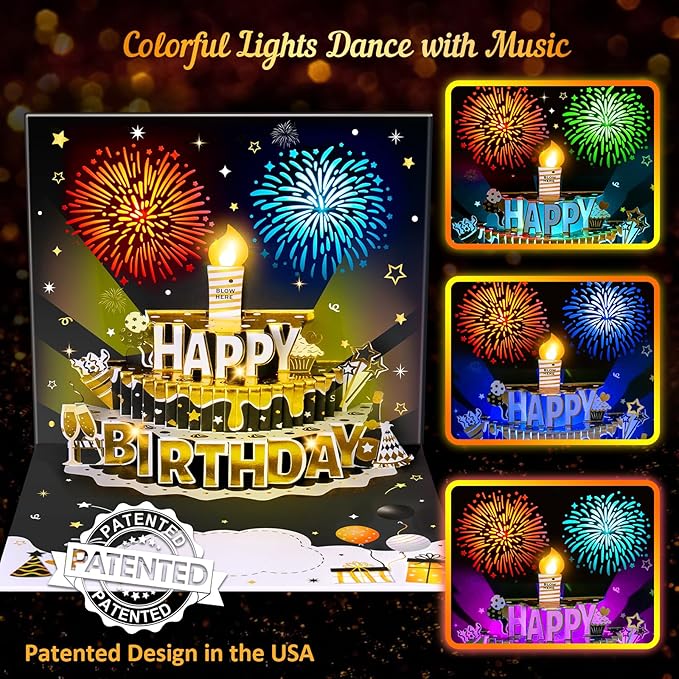INPHER DIY Age Birthday Cards Fireworks Pop Up Cake Light and Music Black and Gold Happy Birthday Card Gift for Husband, Men, Women, Mom, Grandma