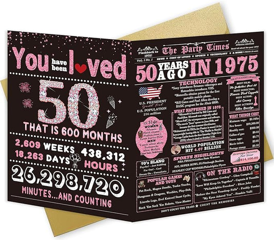 50th Birthday Gifts for Women, Her - 50th Birthday Decorations, Cards for 50 Years Old Women's, Funny Back in 1975 Birthday Card