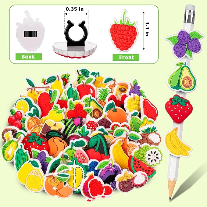 WDAHDHP Pencil Clips Topper for Kids, 50Pcs Different Cute Pencil Fruit Clips, Pencil Charms Bulk for Boys and Girls Classroom Prizes School Rewards