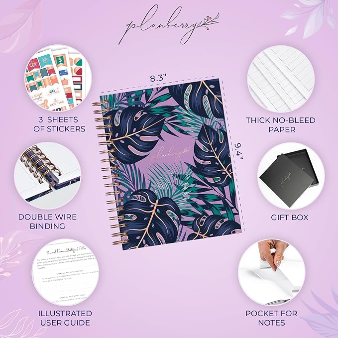 PLANBERRY Large Budget Planner & Monthly Bill Organizer with Pockets – Budgeting Book, Finance & Expense Tracker, 8.3x9.4″ (Wild Purple)