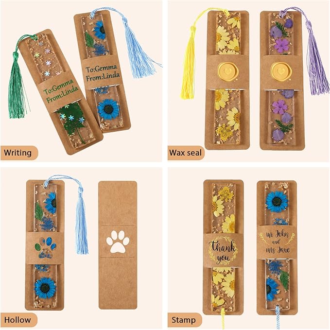 Fumete 50 Pieces Resin Bookmark Holder 5.9 x 1.8 Inches Kraft Sleeves DIY Bookmarks Display Cards for Wrapping Small Business Packaging Supplies Party Favor Gift (Brown, Cute)