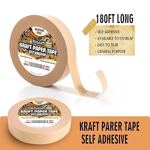 Kraft Paper Tape K49 - Self Adhesive Brown Frame Backing Tape Packing Tape with Oxidation Resistance for Picture Framing, Masking, Sealing and Packaging Use - 1inch Wide 180FT Long
