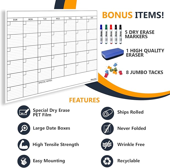 Jumbo Dry Erase Laminated Wall Calendar, Huge 36 Inch by 48 Inch Size, Monthly Planner for Home Office Classroom, Large Date Boxes, Reusable PET Film, Never Folded, 5 Markers, 8 Tacks, 1 Eraser white