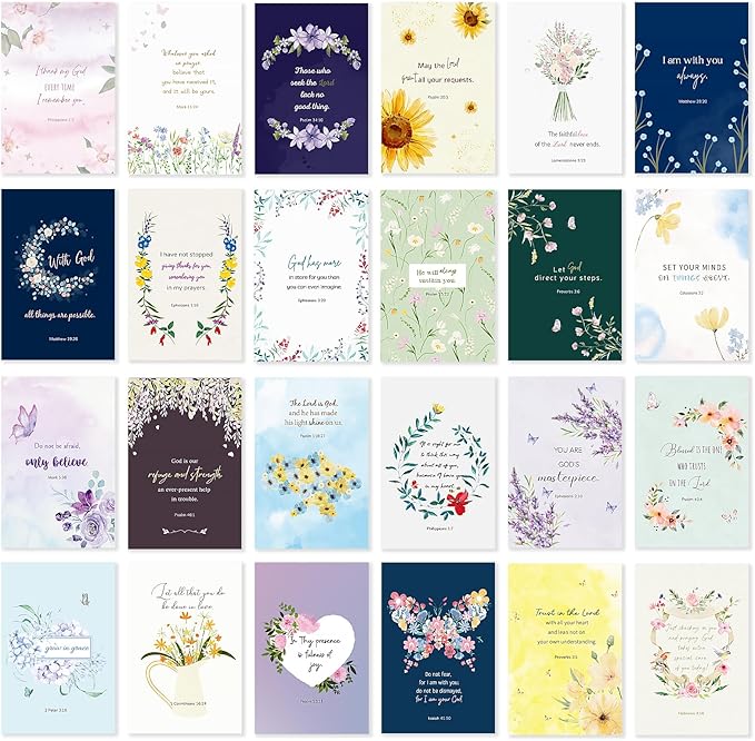 24 Pack Floral Christian Thinking of You Cards with Self-adhesive Envelopes, 4"x6" Boxed Blessing Religious Note Cards with Sentiments Inside, 24 Bible Verses, 24 Desiqns