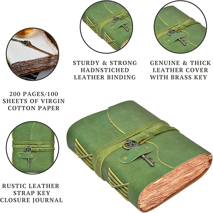 LEATHER VILLAGE Vintage Leather Journal – 200 Handmade Vintage Deckle Edge Paper – Leather bound Journal For Women Men – Vintage Key Closure - Book of Shadows - Green - 8X6 inches (A5)
