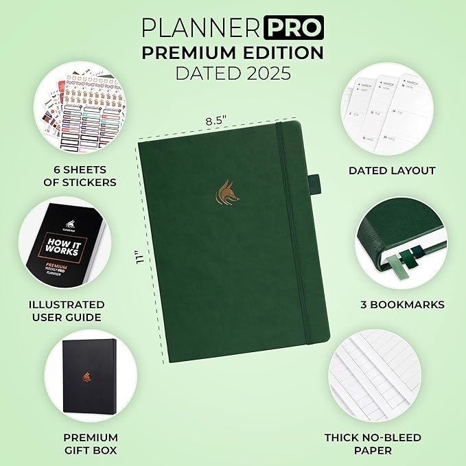 Clever Fox Planner PRO Premium Jan 2025-Jan 2026 – Luxurious Weekly, Monthly & Budget Agenda Organizer for Productivity & Reaching Goals, A4 Hardcover + Keepsake Box – Forest Green