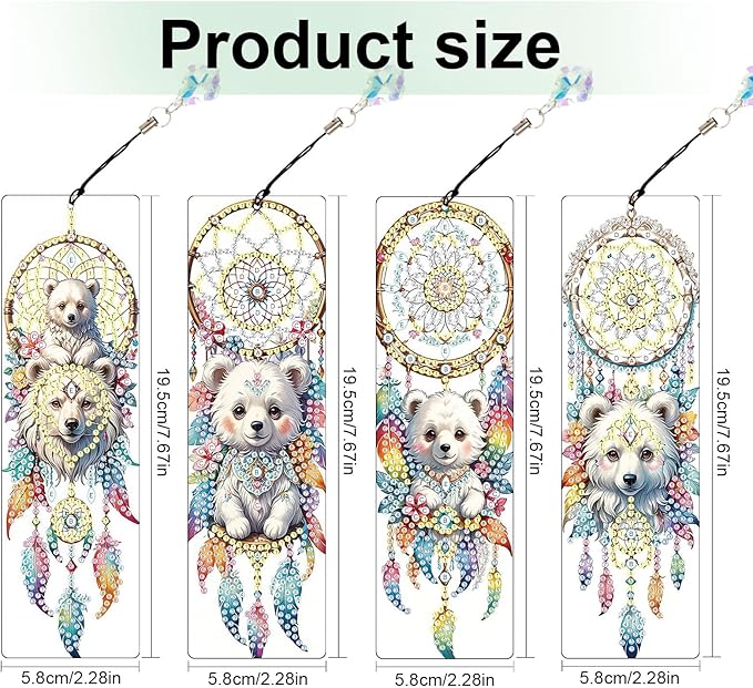 4 Pcs 5D Diamond Art Bookmarks for Book Lovers, Cute Animal Dreamcatcher Rhinestone PU Leather Diamond Crafts Bookmarks for Adults, Tassel Beaded Book Mark for Graduation Birthday Reading Present