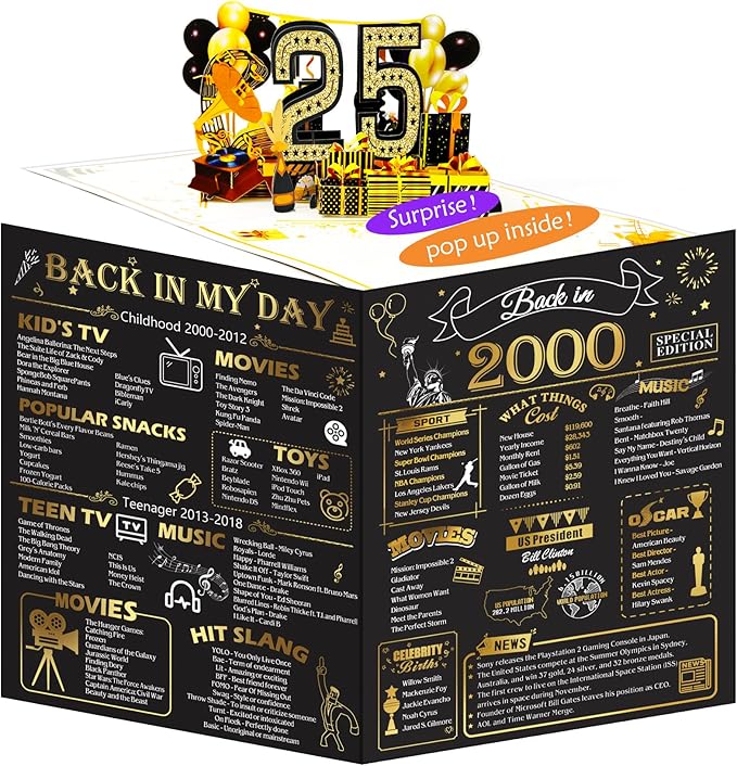 25th Birthday Card for Men Women, 3D Pop Up 25th Birthday Gifts Cards for Him Her, Back In 2000 Funny 25 Year Old Birthday Decorations