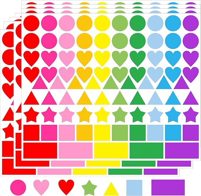 2016 PCS Colored Shape Stickers 10 Colors 6 Shape Dot Stickers Color Coding Labels for Classroom,Office,Etc(Round,Hearts, Stars,Triangle,Square,Rectangle)