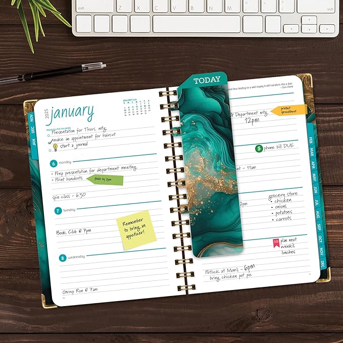 HARDCOVER 2025 Planner, 5.5"x8": 14 Months (November 2024 - December 2025), Daily Weekly Monthly Planner, Yearly Agenda, Bookmark, Pocket Folder and Sticky Note Set (Teal Gold Marble)