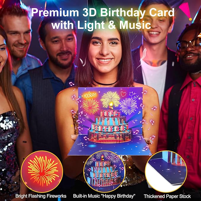 Musical Birthday Card, Pop up 3D LIGHTS & SOUND Firework Happy Birthday Decorations Greeting Cards for Women With Envelopes Purple