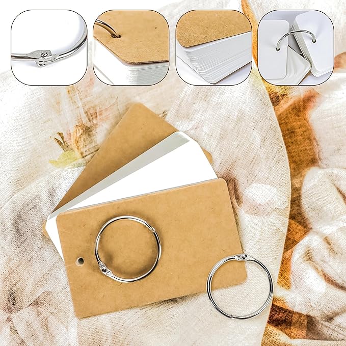 MotBach 1000 Sheets White Blank Flash Cards with Binder Rings,3.5 x 2.2 Inch Index Cards, Small Note Cards Study Cards Learning Cards Kraft Paper Cards, Easy Flip Mini Index Note Flashcards (20 Pack)