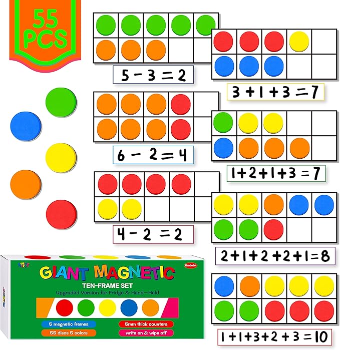 Magnetic Ten-Frame Set, Including 5 Frames (no Hollowed Out) and 55 Colorful Discs (Upgraded Version for Fridge & Hand-held)