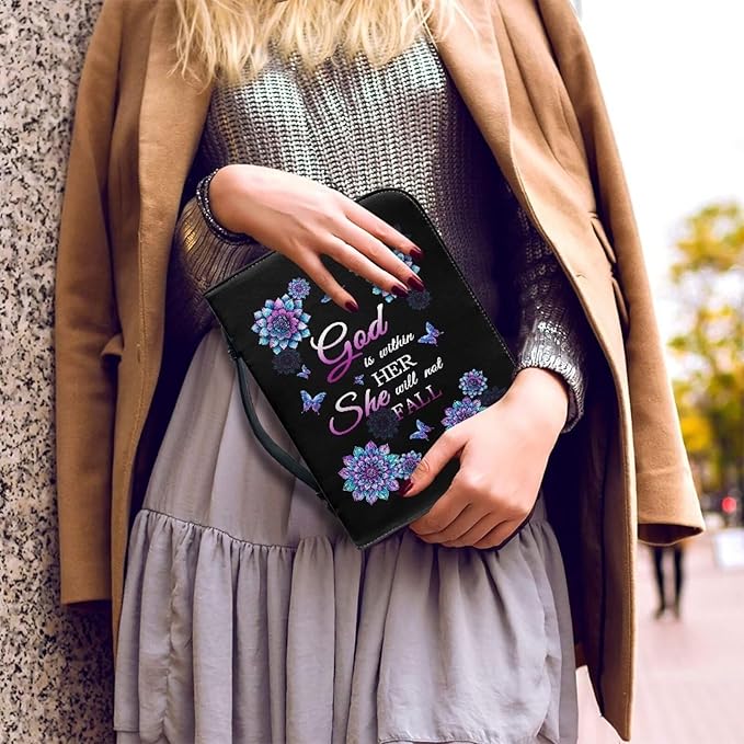 Lotusorchid Mandala Flower Butterfly Bible Covers for Women, God is within Her, She Will Not Fall, Cross Printed Bible Case Large Size Bible Bag with Pockets Bible Carrying Church Bag Bible Case