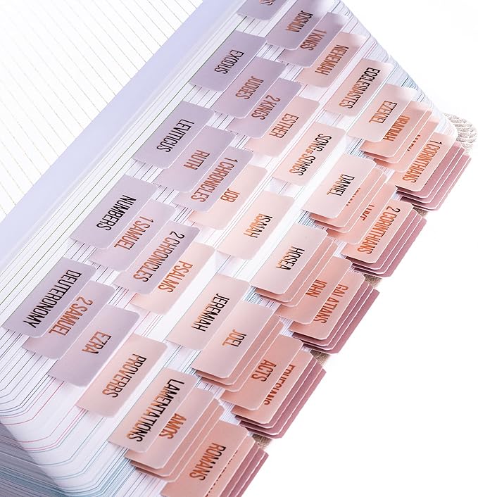 DiverseBee Laminated Bible Tabs (Rose Gold Embossed Lettering), Bible Journaling Supplies, Bible Book Tabs, Christian Gift, 73 Bible Tabs for Women and Men, Includes 4 Blank Tabs (Pearl)
