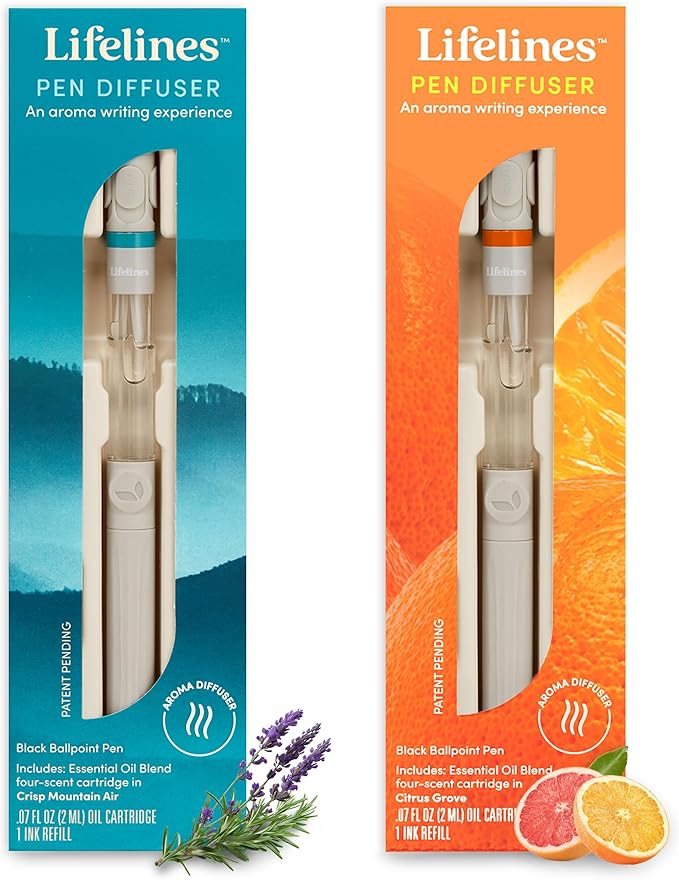 Lifelines Pen Diffuser Set, 2-Pack (Crisp Mountain Air & Citrus Grove) - 1mm Black Ballpoint Pens with Scented Essential Oil Blends – Aromatherapy Diffuser & Sensory Immersion Diffuse Aroma