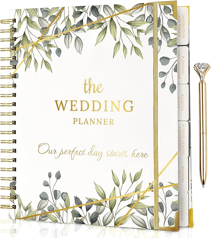 Beautiful Wedding Planner for the Bride with Gold Diamond Pen , 6 Tabbed Sections Wedding Planning Book & Engagement Gifts , Unique Inner Pockets Wedding Planner Book and Organizer BY SOZONE , 9.5 X 11.5 inches