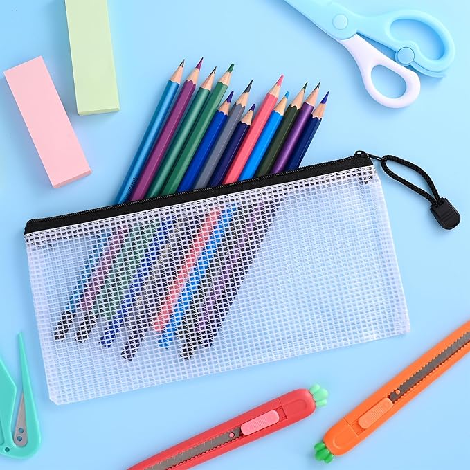 12 Pieces Plastic Mesh Zipper Pouch Bag/Zipper Envelope Document Storage Pouch Bag/Zip File Folder/Office Supplies Bills File Waterproof Zipper Pouche/Storage Pouch for Puzzle and Office