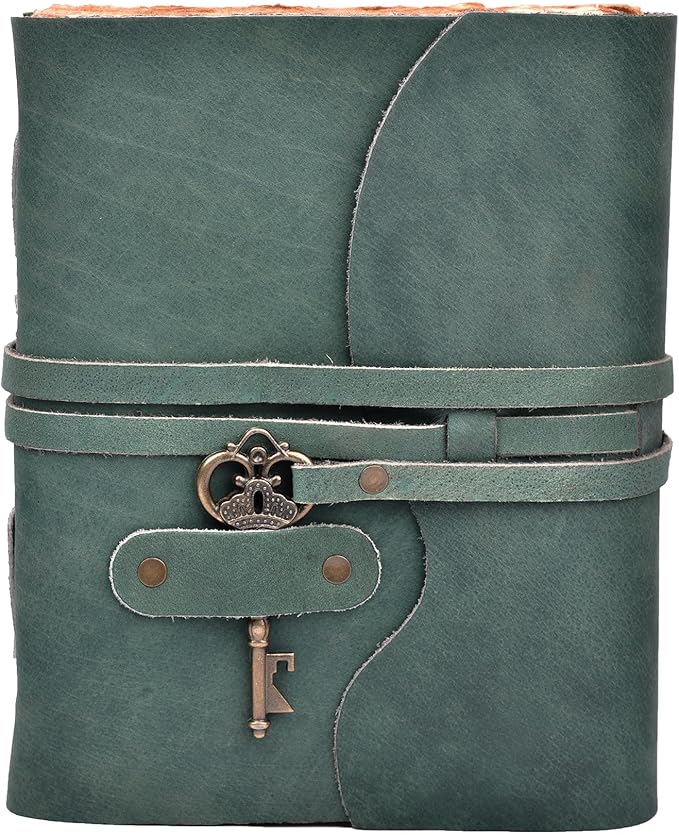 LEATHER VILLAGE Vintage Leather Journal – 200 Handmade Vintage Deckle Edge Paper – Leather bound Journal For Women Men – Vintage Key Closure - Book of Shadows - Aqua - 8X6 inches (A5)