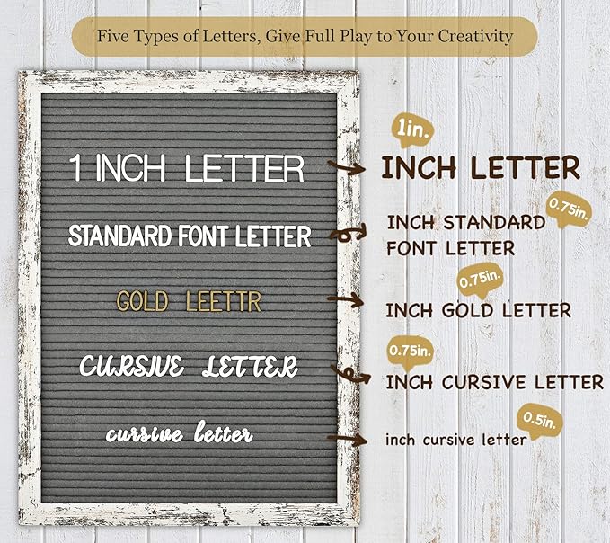 Felt Letter Board 12x16 Inch Rustic Wood Frame - Pre Cut & Sorted 725 Letters with Stand, Cursive Style Letters, Big Letters, Plastic Organizer, Shabby Chic Vintage Decor