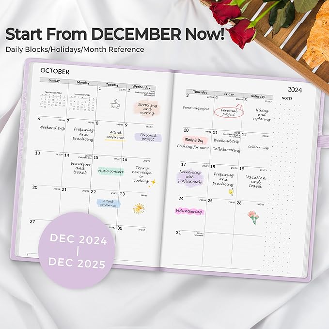 SUNEE 2025 Weekly & Monthly Hardcover Planner 5.5" x 8.3" - 12 Month (January 2025 - December 2025), Small Hardcover Planner, Pocket, Notes, 100 GSM Paper, Purple