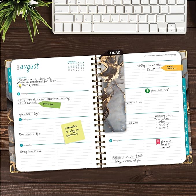 HARDCOVER Academic Year 2024-2025 Planner: (June 2024 Through July 2025) 8.5"x11" Daily Weekly Monthly Planner Yearly Agenda. Bookmark, Pocket Folder and Sticky Note Set (Black Gold Marble)