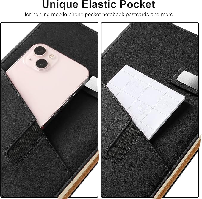 A5 Lined Leather Journal with Pen, 240 Pages Refillable Hardcover Notebook with Pocket and Magnetic Buckle, 80gsm Thick Daily Diary for Men and Women, Great Gift for Business Travel Personal - Black