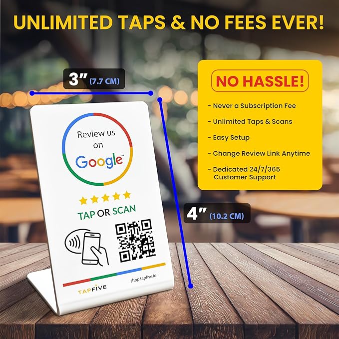 Tap Google Review Stands (5-Pack) by TapFive - Tap for Instant Reviews - All Phones Compatible - Reusable Smart Tap NFC & QR - Boost Business Reviews Zappy Fast - Powered by TapFive (White, 5 Stands)
