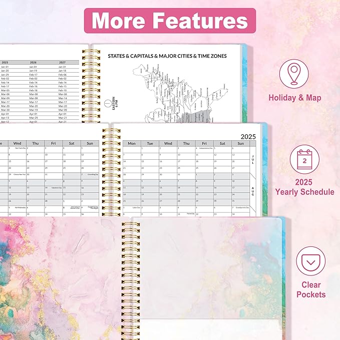 SUNEE 2025 Weekly and Monthly Planner - from January 2025 - December 2025, 6.4" x 8.3" Daily Agenda Planner with Monthly Tab, Flexible Cover, Note Pages, Pockets, Bookmark, Spiral Binding, Marble