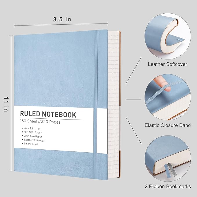 RETTACY Journaling Notebooks, A4 Lined Notebook Journal with 320 Pages, 8.5" × 11", Large Size, Notebook Journal for Work, School, Writing, Leather Softcover, 100 GSM Thick Paper (Light Blue)