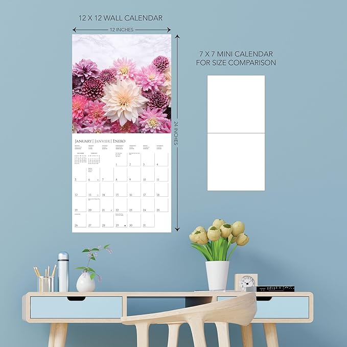 Graphique 2025 Fleurs Wall Calendar | 12” x 12” | Thick Paper | Home & Office Organizer | Large Monthly Grid | 3 Languages & Marked Holidays | 4 Month Preview Page for 2026