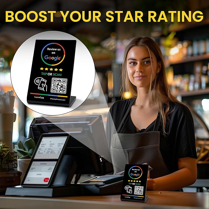 Tap Google Review Stand by TapFive - Tap for Instant Reviews - All Phones Compatible - Reusable Smart Tap NFC & QR - Boost Business Reviews - Zappy Fast - Powered by TapFive (Black, 1 Stand)