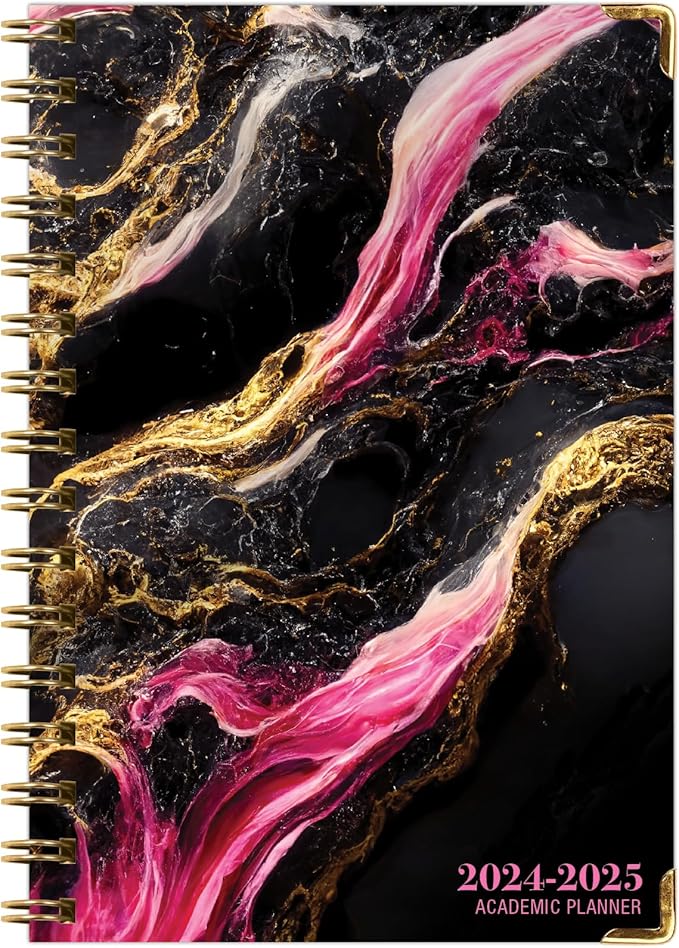 HARDCOVER Academic Year 2024-2025 Planner: (June 2024 Through July 2025) 5.5"x8" Daily Weekly Monthly Planner Yearly Agenda. Bookmark, Pocket Folder and Sticky Note Set (Dark Gold Marble)