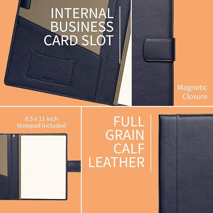 Maruse Italian Leather Executive Padfolio, Folder Organizer with Magnetic Closure and Writing Pad, Handmade in Italy, Navy Blue