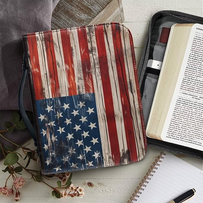 Lotusorchid American Flag Print Bible Case for Men, Zippered PU Bible Book Cover with Handle Pocket Portable Bible Cover Case Bible Cover Carrier Carrying Organizer Bag for Women, 2XL